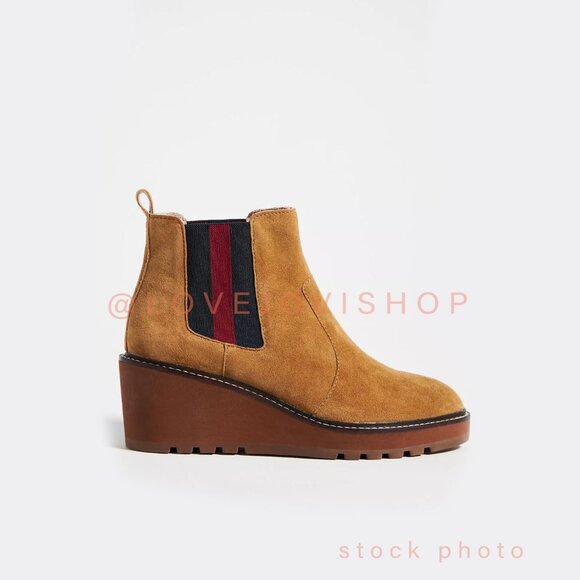 Minimalist | Cecelia for Anthropologie Tan Suede Platform Pull-On Boot | Wedge - Picture 13 of 16